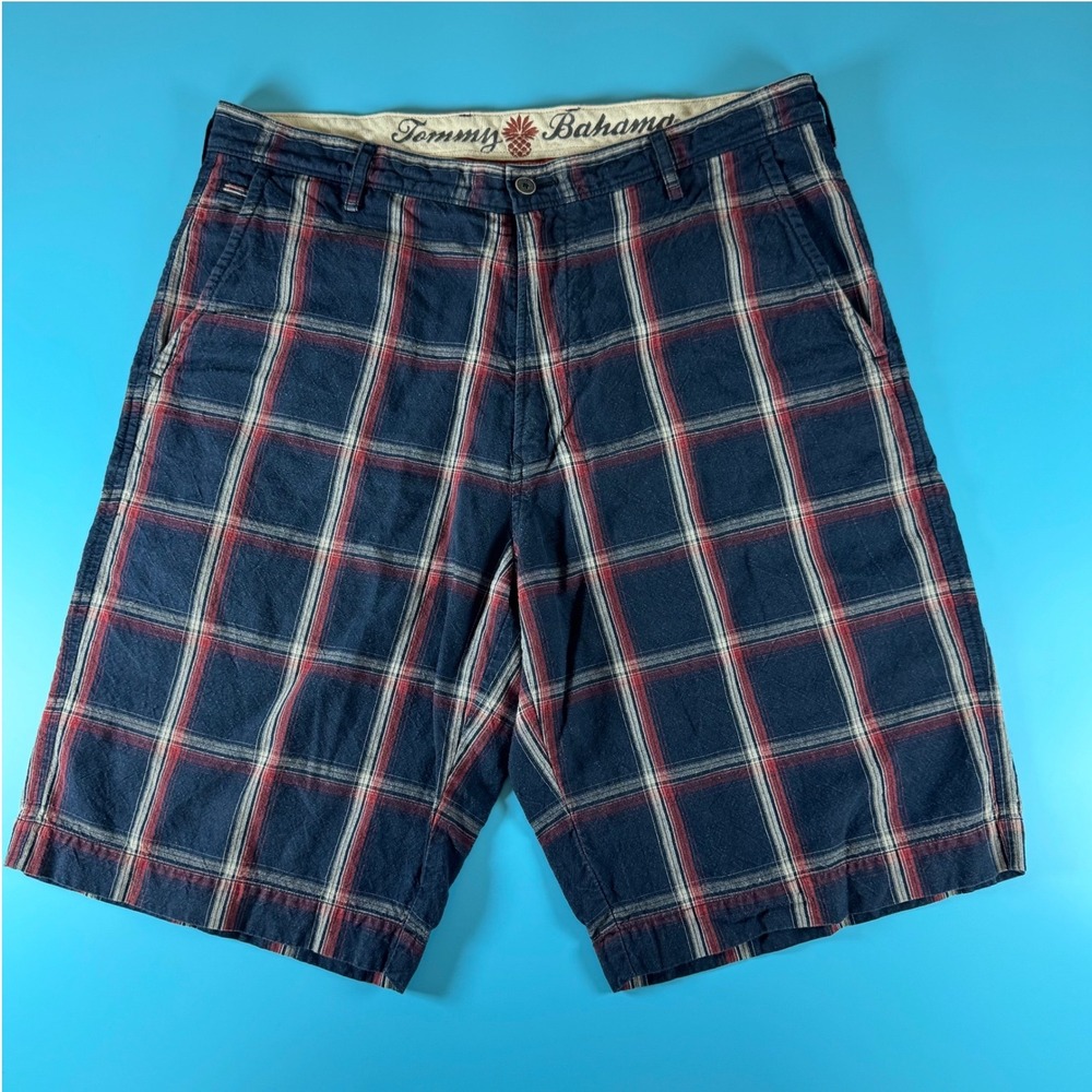 Tommy Bahama Mens 34 Plaid Shorts Navy Blue Red Linen Cotton‎ Chino